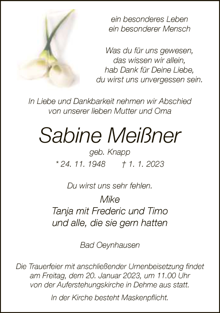  Traueranzeige für Sabine Meißner vom 14.01.2023 aus Neue Westfälische
