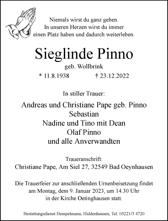 Traueranzeige von Sieglinde Pinno von Neue Westfälische