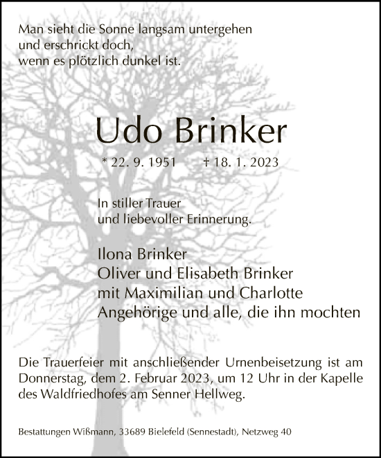 Traueranzeige von Udo Brinker von Neue Westfälische