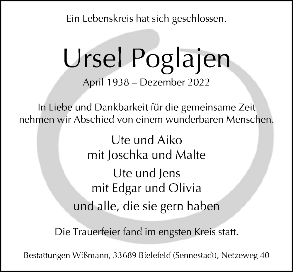  Traueranzeige für Ursel Poglajen vom 14.01.2023 aus Neue Westfälische