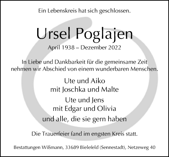 Traueranzeige von Ursel Poglajen von Neue Westfälische