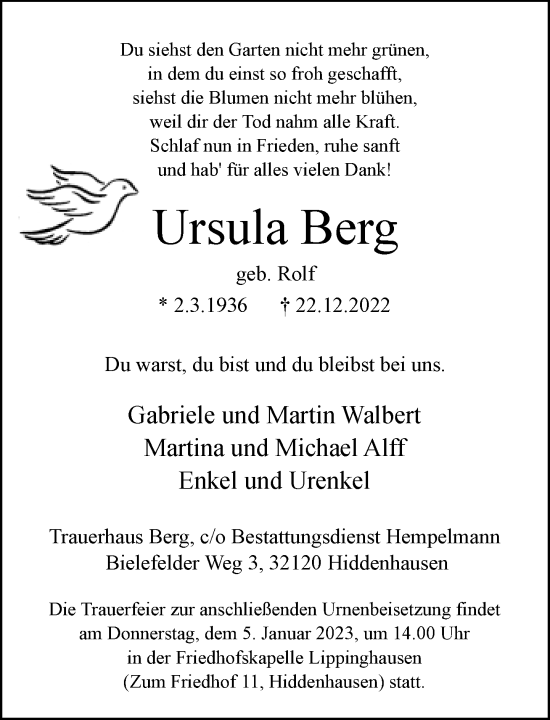 Traueranzeige von Ursula Berg von Neue Westfälische