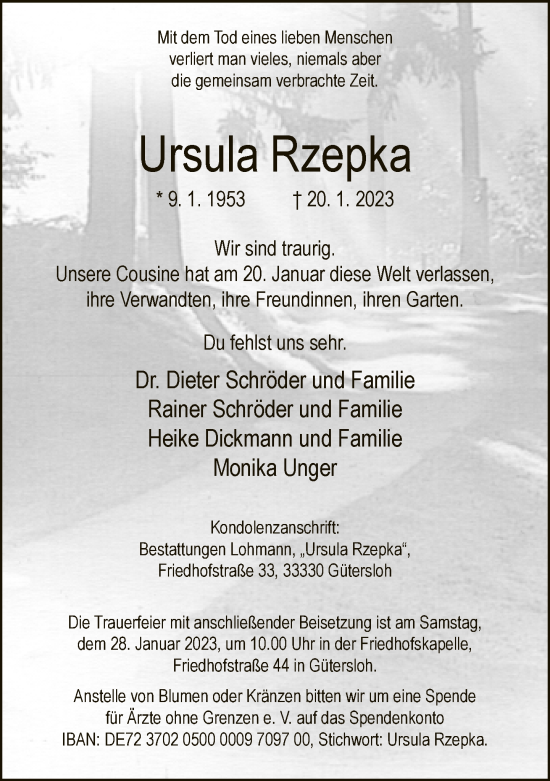 Traueranzeige von Ursula Rzepka von Neue Westfälische