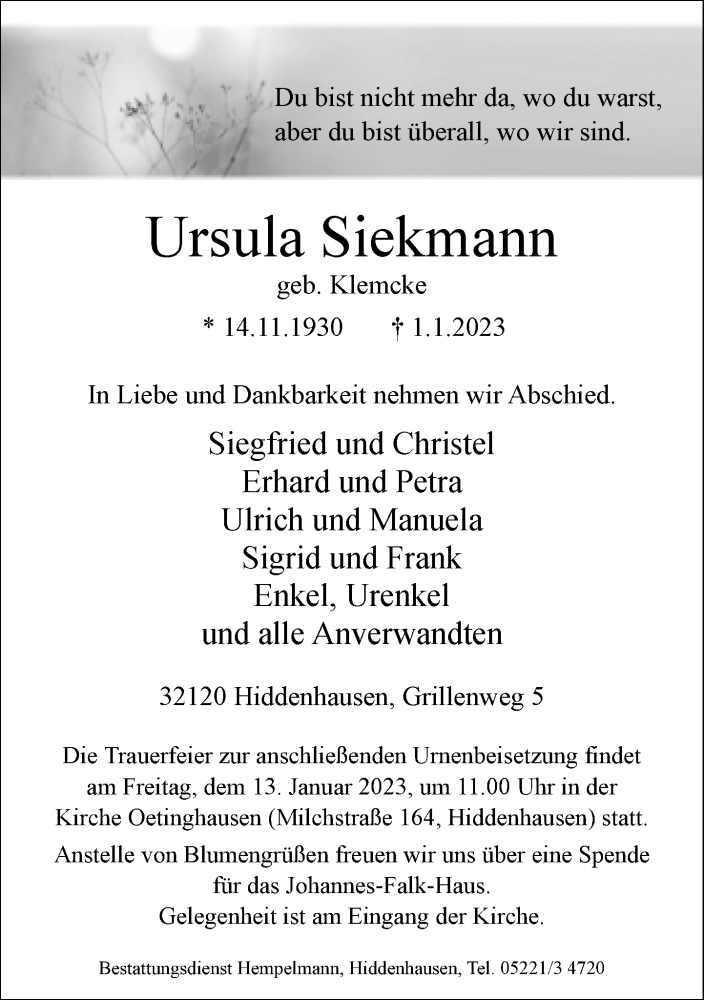  Traueranzeige für Ursula Siekmann vom 07.01.2023 aus Neue Westfälische