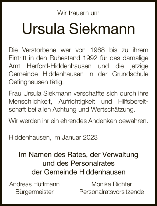 Traueranzeige von Ursula Siekmann von Neue Westfälische