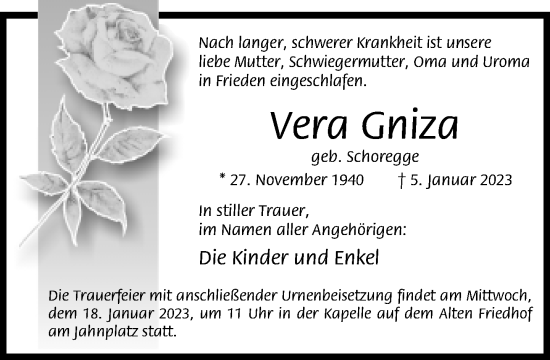 Traueranzeige von Vera Gniza von Neue Westfälische