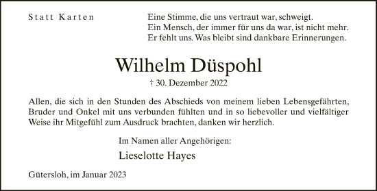 Traueranzeige von Wilhelm Düspohl von Neue Westfälische