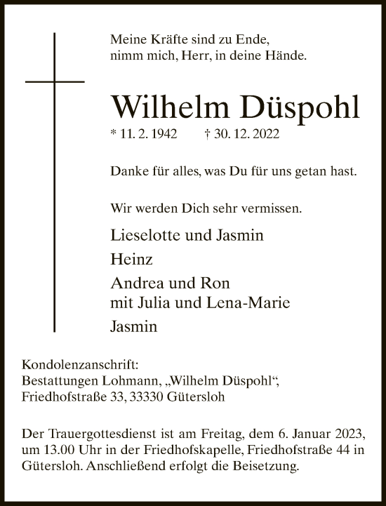 Traueranzeige von Wilhelm Düspohl von Neue Westfälische
