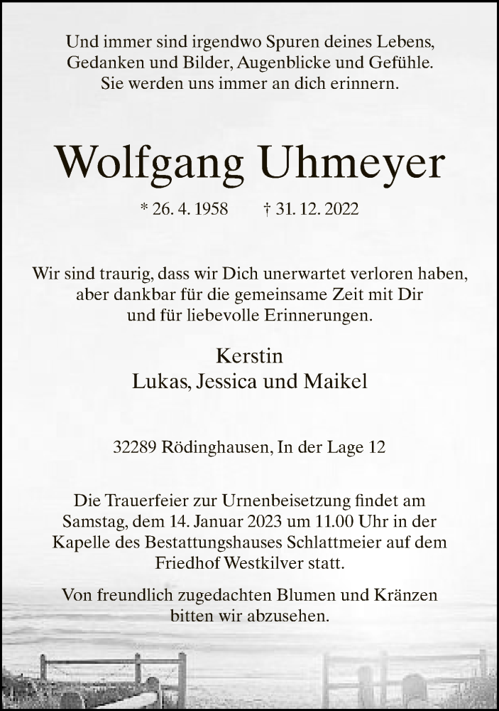  Traueranzeige für Wolfgang Uhmeyer vom 07.01.2023 aus Neue Westfälische