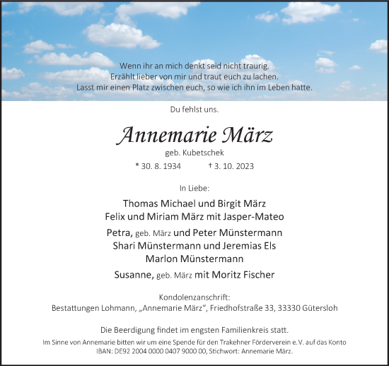 Traueranzeige von Annemarie März von Neue Westfälische