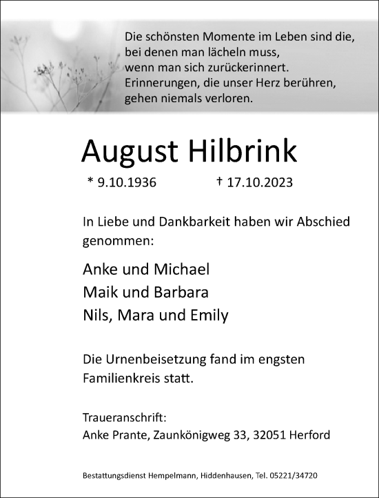 Traueranzeige von August Hilbrink von Neue Westfälische