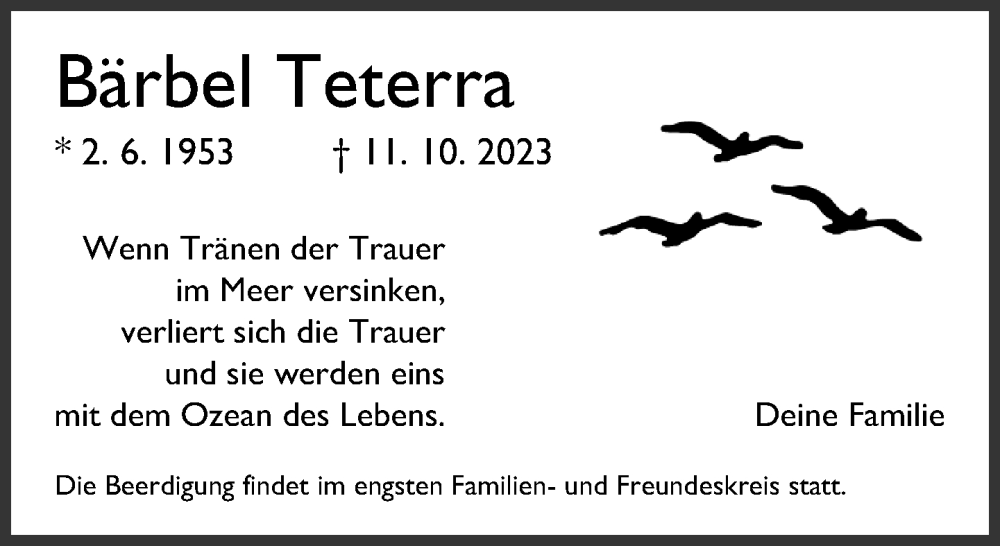  Traueranzeige für Bärbel Teterra vom 19.10.2023 aus Neue Westfälische