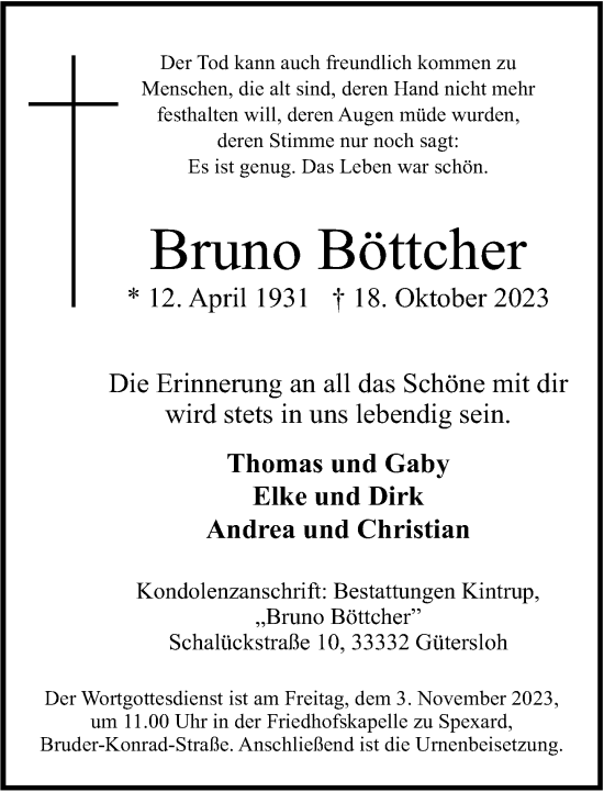 Traueranzeige von Bruno Böttcher von Neue Westfälische