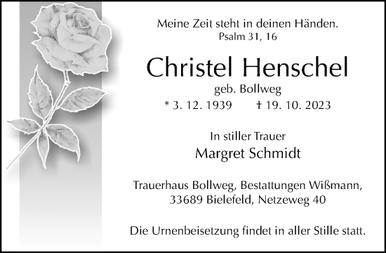 Traueranzeige von Christel Henschel von Neue Westfälische