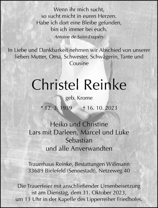 Traueranzeige von Christel Reinke von Neue Westfälische