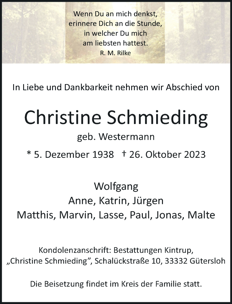  Traueranzeige für Christine Schmieding vom 31.10.2023 aus Neue Westfälische