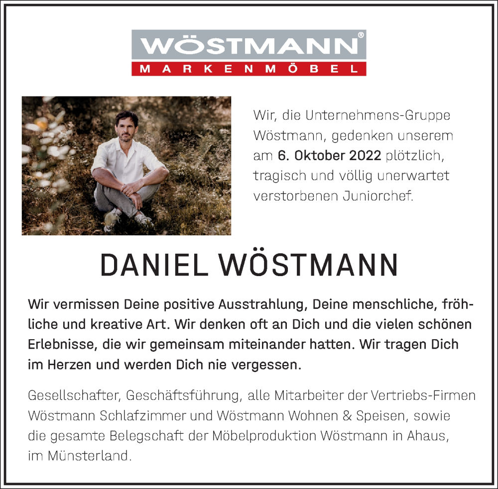  Traueranzeige für Daniel Wöstmann vom 06.10.2023 aus Neue Westfälische