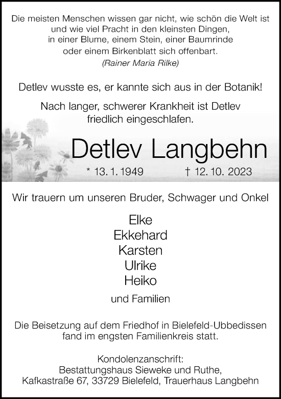 Traueranzeige von Detlev Langbehn von Neue Westfälische