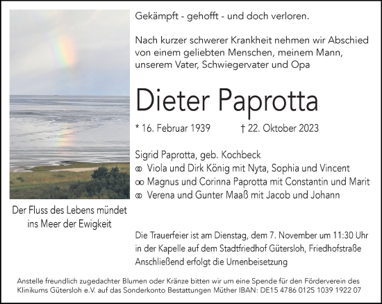 Traueranzeige von Dieter Paprotta von Neue Westfälische
