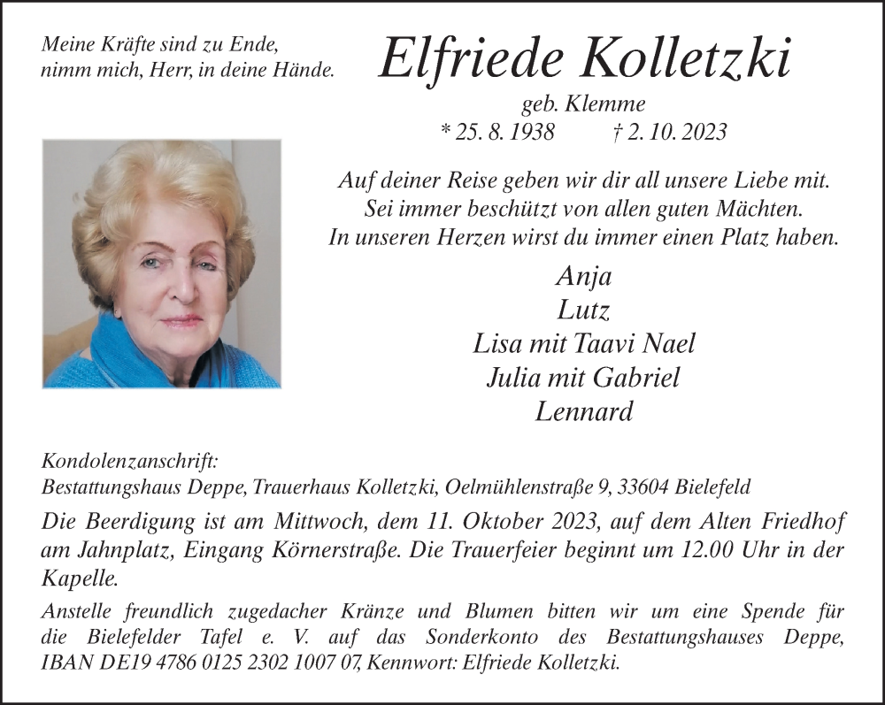  Traueranzeige für Elfriede Kolletzki vom 07.10.2023 aus Neue Westfälische
