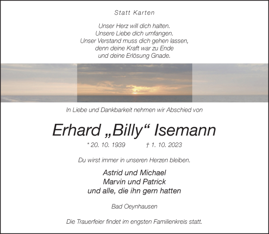 Traueranzeige von Erhard Isemann von Neue Westfälische