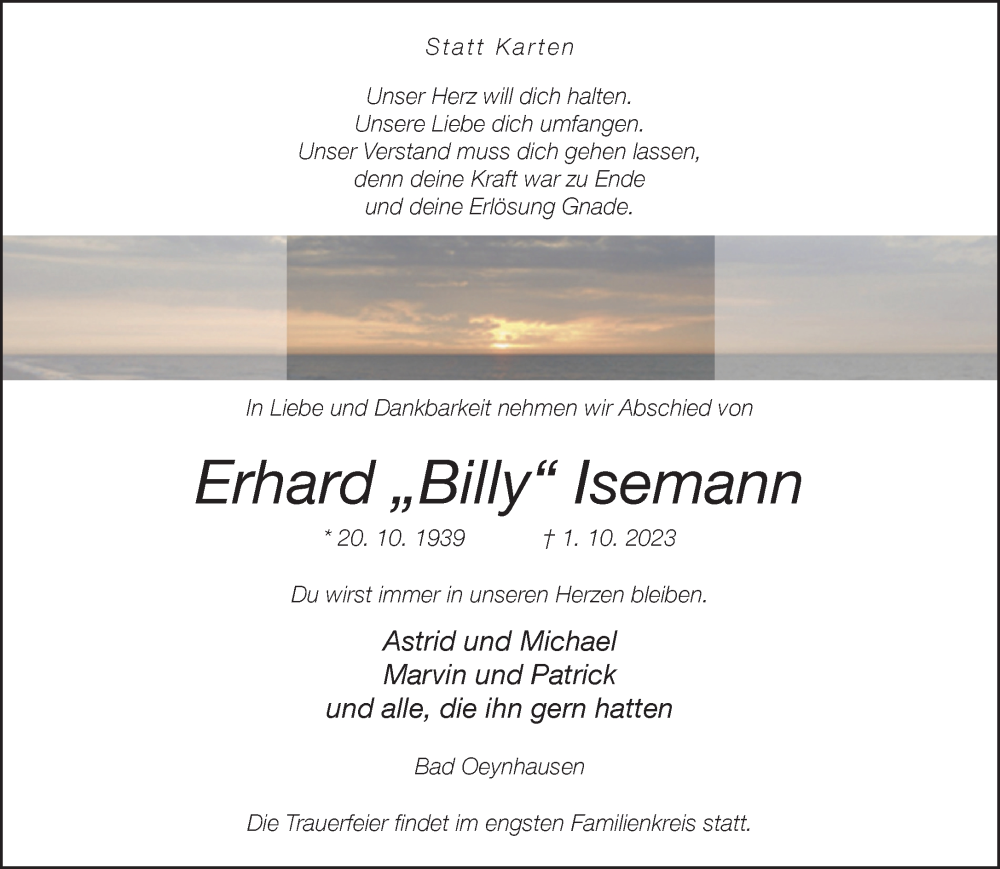  Traueranzeige für Erhard Isemann vom 07.10.2023 aus Neue Westfälische