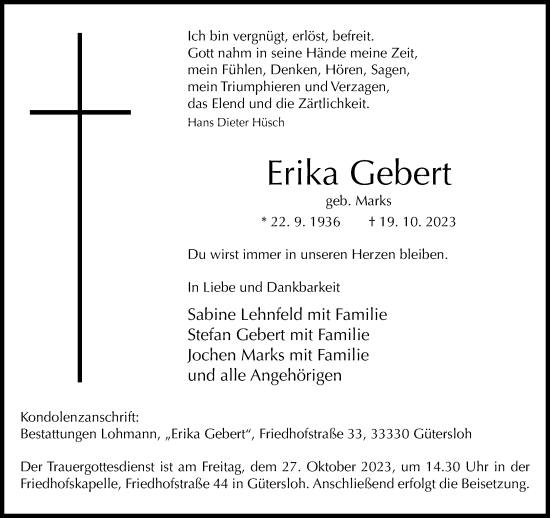 Traueranzeige von Erika Gebert von Neue Westfälische