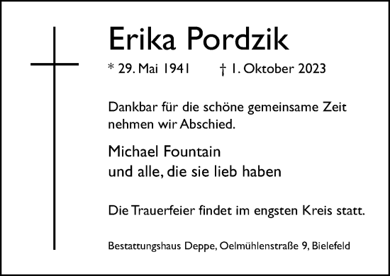 Traueranzeige von Erika Pordzik von Neue Westfälische