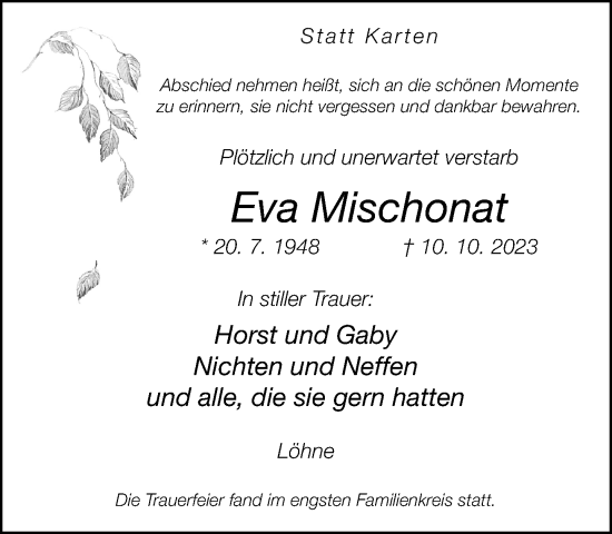 Traueranzeige von Eva Mischonat von Neue Westfälische