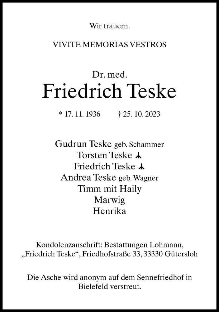 Traueranzeige für Friedrich Teske vom 28.10.2023 aus Neue Westfälische