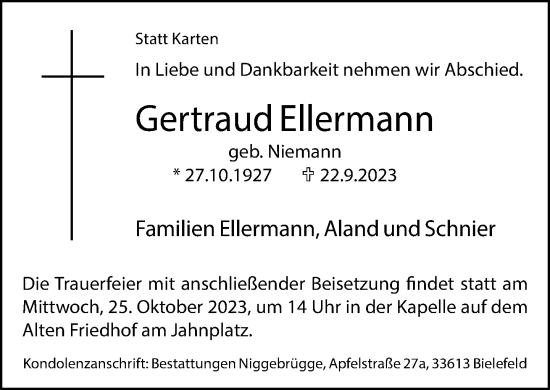Traueranzeige von Gertraud Ellermann von Neue Westfälische