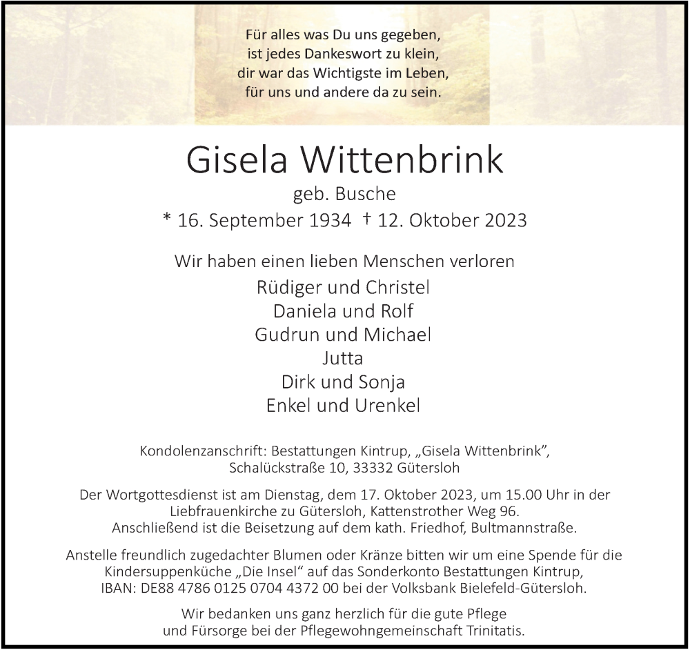  Traueranzeige für Gisela Wittenbrink vom 14.10.2023 aus Neue Westfälische
