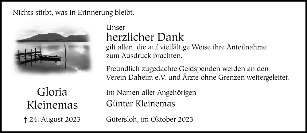  Traueranzeige für Gloria Kleinemas vom 18.10.2023 aus Neue Westfälische