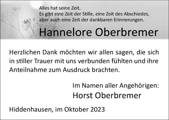 Traueranzeige von Hannelore Oberbremer von Neue Westfälische