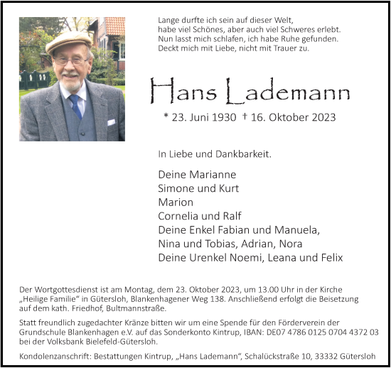 Traueranzeige von Hans Lademann von Neue Westfälische