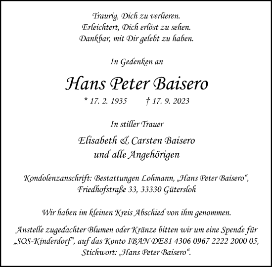 Traueranzeige von Hans Peter Baisero von Neue Westfälische