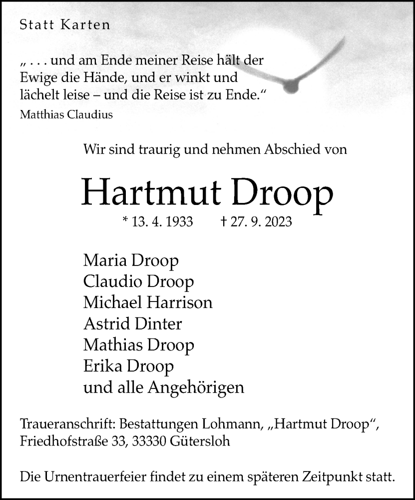  Traueranzeige für Hartmut Droop vom 07.10.2023 aus Neue Westfälische