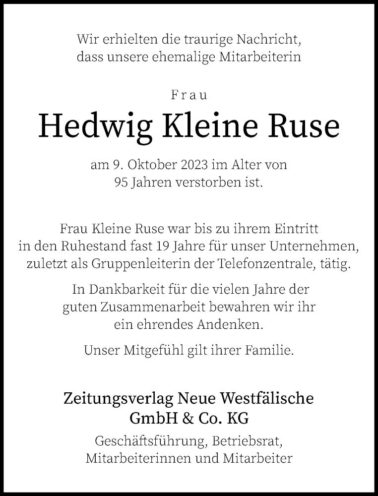  Traueranzeige für Hedwig Kleine Ruse vom 17.10.2023 aus Neue Westfälische