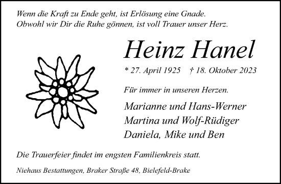 Traueranzeige von Heinz Hanel von Neue Westfälische