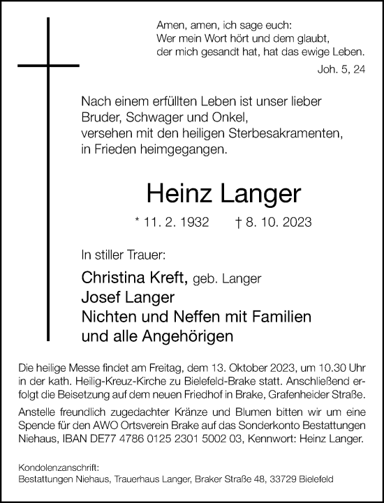 Traueranzeige von Heinz Langer von Neue Westfälische
