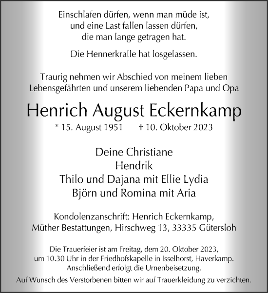 Traueranzeige von Henrich August Eckernkamp von Neue Westfälische
