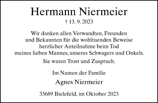 Traueranzeige von Hermann Niermeier von Neue Westfälische