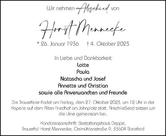 Traueranzeige von Horst Mennecke von Neue Westfälische