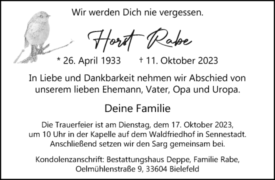Traueranzeige von Horst Rabe von Neue Westfälische