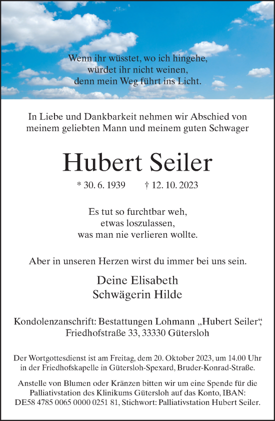 Traueranzeige von Hubert Seiler von Neue Westfälische