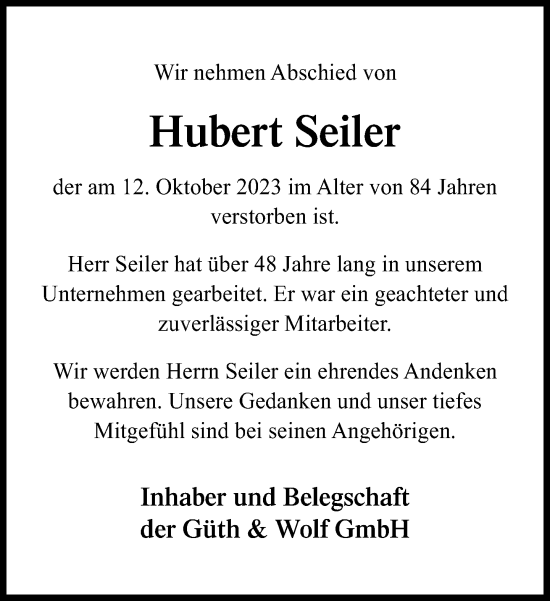 Traueranzeige von Hubert Seiler von Neue Westfälische