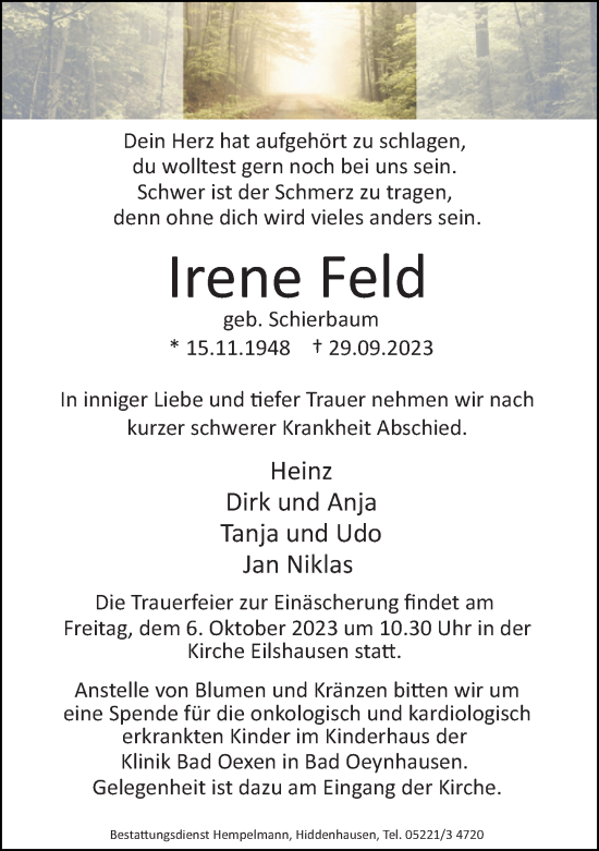 Traueranzeige von Irene Feld von Neue Westfälische