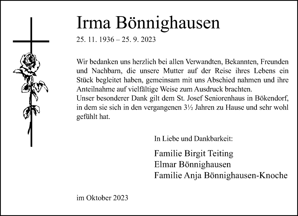  Traueranzeige für Irma Bönnighausen vom 14.10.2023 aus Neue Westfälische