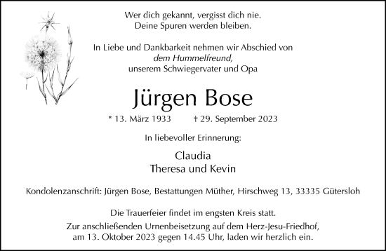 Traueranzeige von Jürgen Bose von Neue Westfälische