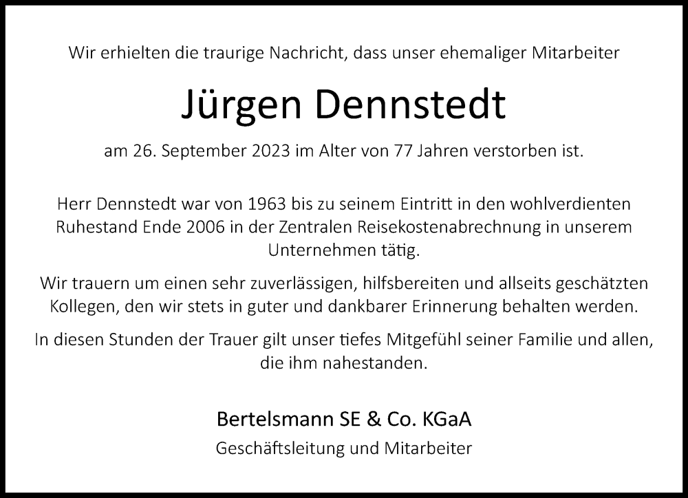  Traueranzeige für Jürgen Dennstedt vom 07.10.2023 aus Neue Westfälische